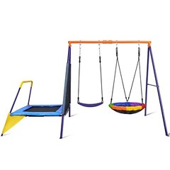 Swing Sets for Backyard with Trampoline 440lbs with Heavy-Duty Blue & Yellow