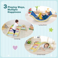 Costway 3-in-1 Kids Climber Set Wooden Arch Triangle Rocker w/ Ramp & Blue Mat