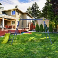 4-in-1 Kids Outdoor Heavy-Duty Metal Playset Swing Set w/Slide & Basketball Hoop