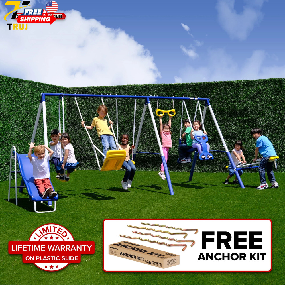 Super 9 Metal Swing Set 1000 lbs Total Capacity Anchor Kit 6.1 ft Steel Frame