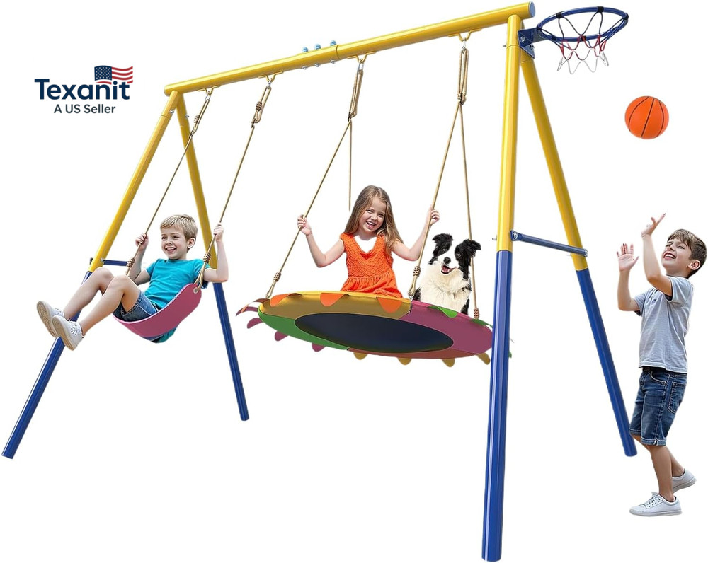 440Lbs Capacity Swing Sets for Backyard, 40 Inch Saucer Swing, A-Frame Metal, Be