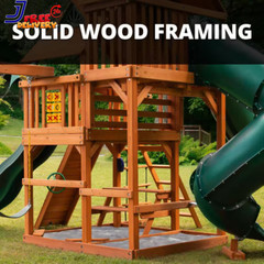 Wooden Outdoor Playground Set 3 Slides Sandbox Rock Wall Swing Set NEW