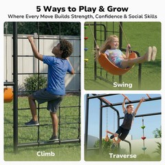 Monkey Bars Outdoor Playground Equipment 5-in-1 Swing Set Climbing Net for Kids