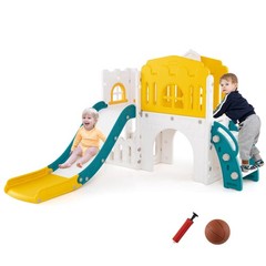 9 in 1 Toddler Slide L Shaped Kids Slide and Climber Playset w/ Basketball Hoop