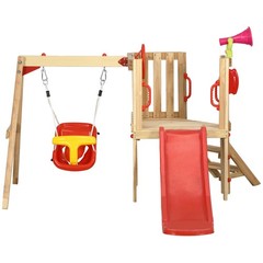 4 in 1 Wooden Swing Set with Swing Slide Horn Steering Wheel