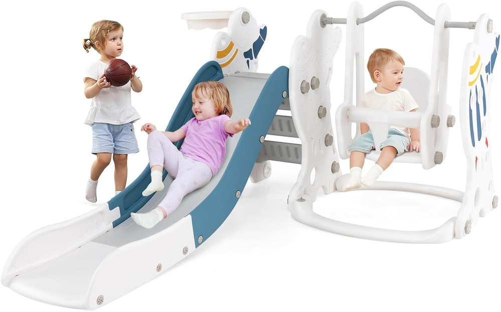 4 in 1 Toddler Slide and Swing Set, Indoor Outdoor Rocket Playset Gym with Baby