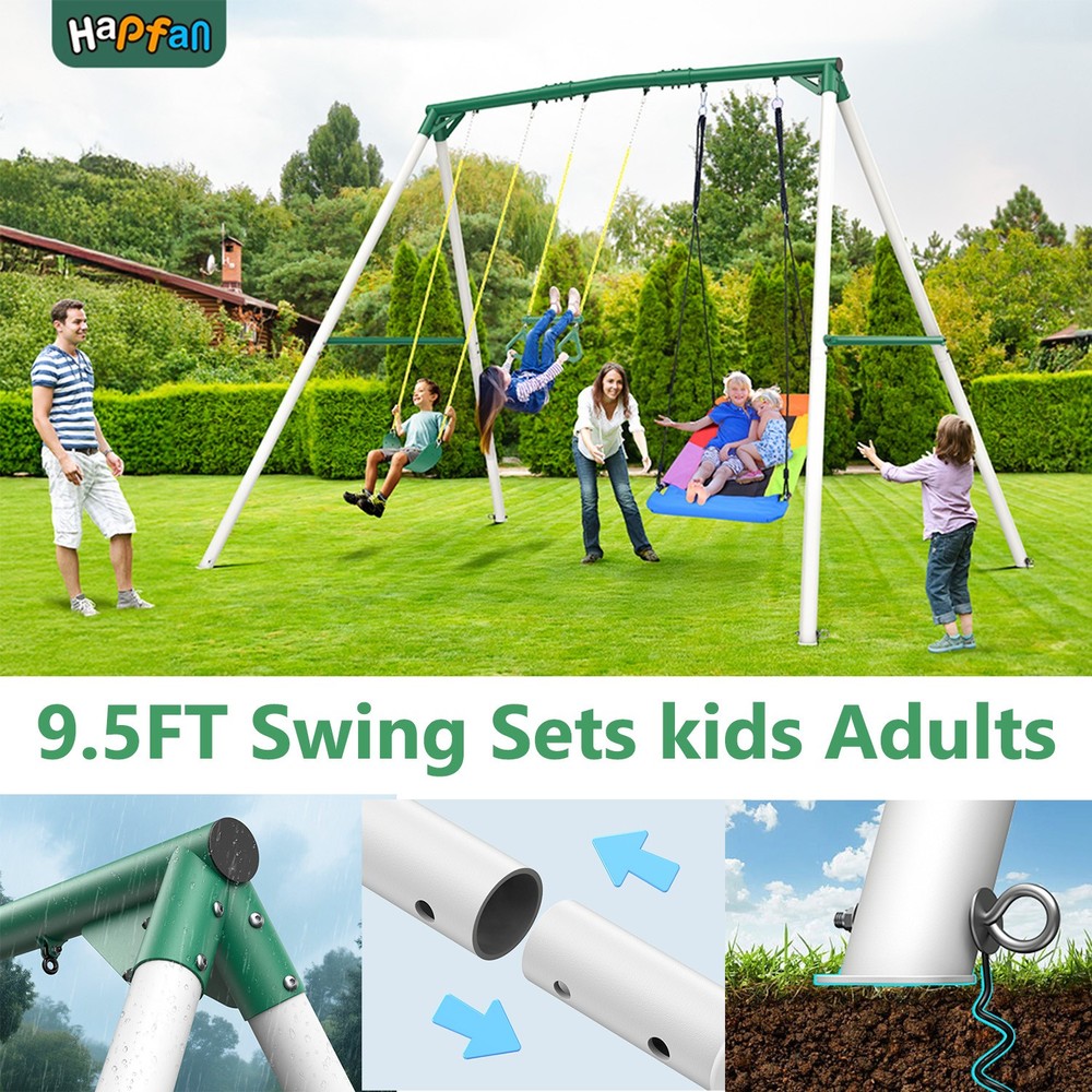 Hapfan 9.5ft Tall Heavy Duty Metal Swing Set for Kids with 3 Swings Trapeze Bar