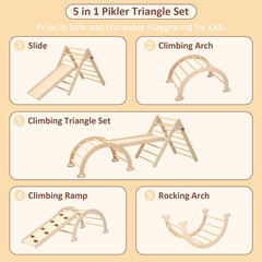 Foldable Pikler Triangle Climbing Set for Kids, 7 in 1 Montessori Large Wooden C