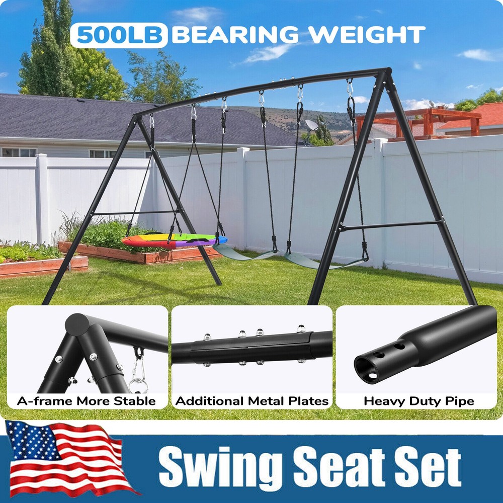 500lb Heavy Duty Metal Swing Set with 3 Swings & Frame Kids Adult Backyard Play