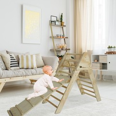 Pikler Triangle Ladder with Ramp & Slide, Foldable Wood Climber for Toddlers