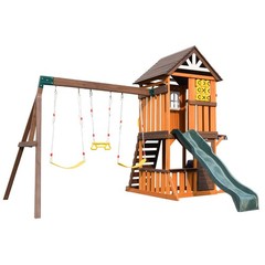 Giant Kid Wood Swing Set Slide,Rock Wall,Toy Kitchen Outdoor Backyard Playground