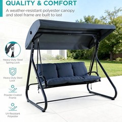 3-Seat Outdoor Swing Glider with Canopy, Converts to Flat Bed, Adjustable Shade