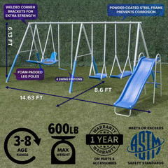 Super Surfer Metal Swing Playset with Slide, Skyflyer and Surfboard Swings, A…
