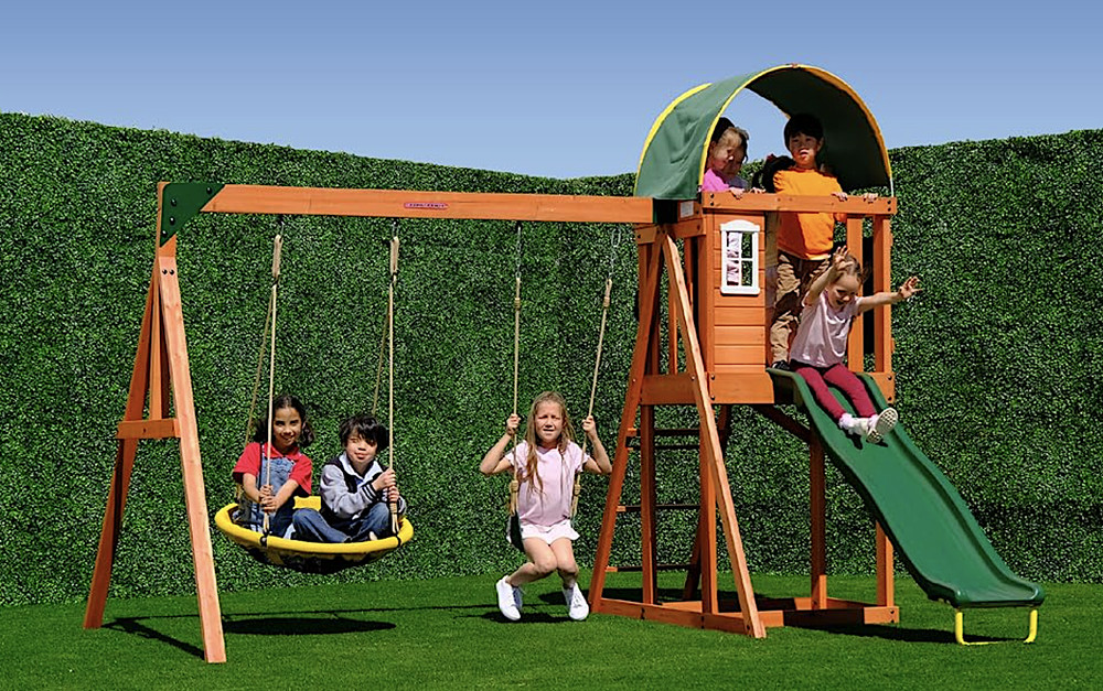 BACKYARD WOODEN SWING SET W/ 2-PERSON SAUCER SWING 6′ SLIDE PLAYGROUND FORT