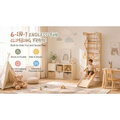 6-in-1 Swedish Ladder Wall Gym, Wooden Indoor Play Set with Swing & Slide