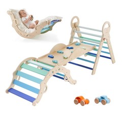 VEVOR Pikler Triangle Set 9-in-1 Toddler Climbing Toys with Wooden Cars Blue