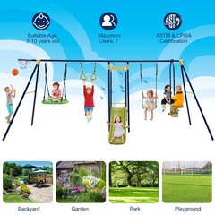 7-in-1 Kids Swing Combo Set w/ Adjustable Ropes & 8 Ground Stakes for Outdoor