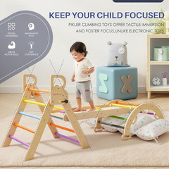Pikler Triangle Set, Foldable Wooden Toddler Climbing Toys Indoor Playground Jun