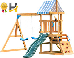 Wooden Swing Set Swings Slide Climbing Rope Ladder for Kids Ages 3-10