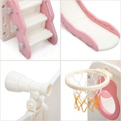 6 in 1 Toddler Slide Playset Climber Playground for Kids w/ Basketball Hoop Pink