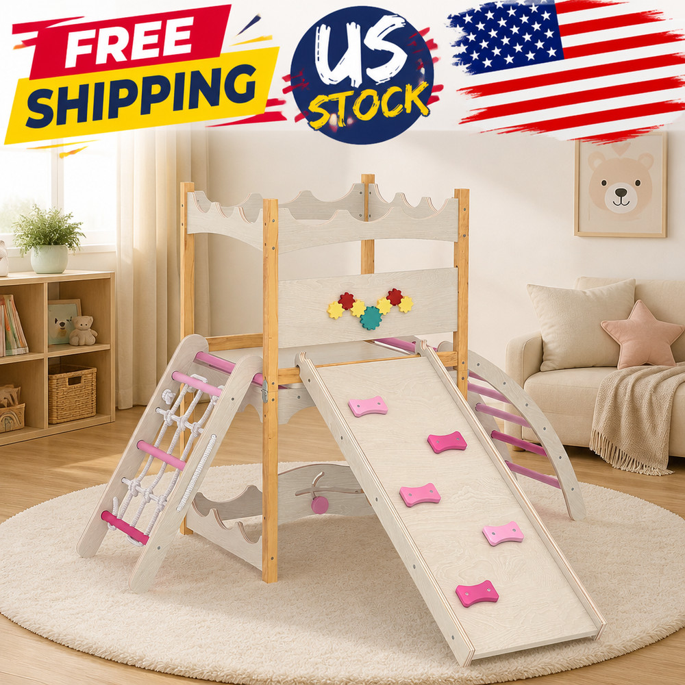 Indoor Play Gym Climber with Slide, Swing, Rock Wall, Rope Ladder Wooden 6-in-1
