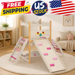 Indoor Play Gym Climber with Slide, Swing, Rock Wall, Rope Ladder Wooden 6-in-1
