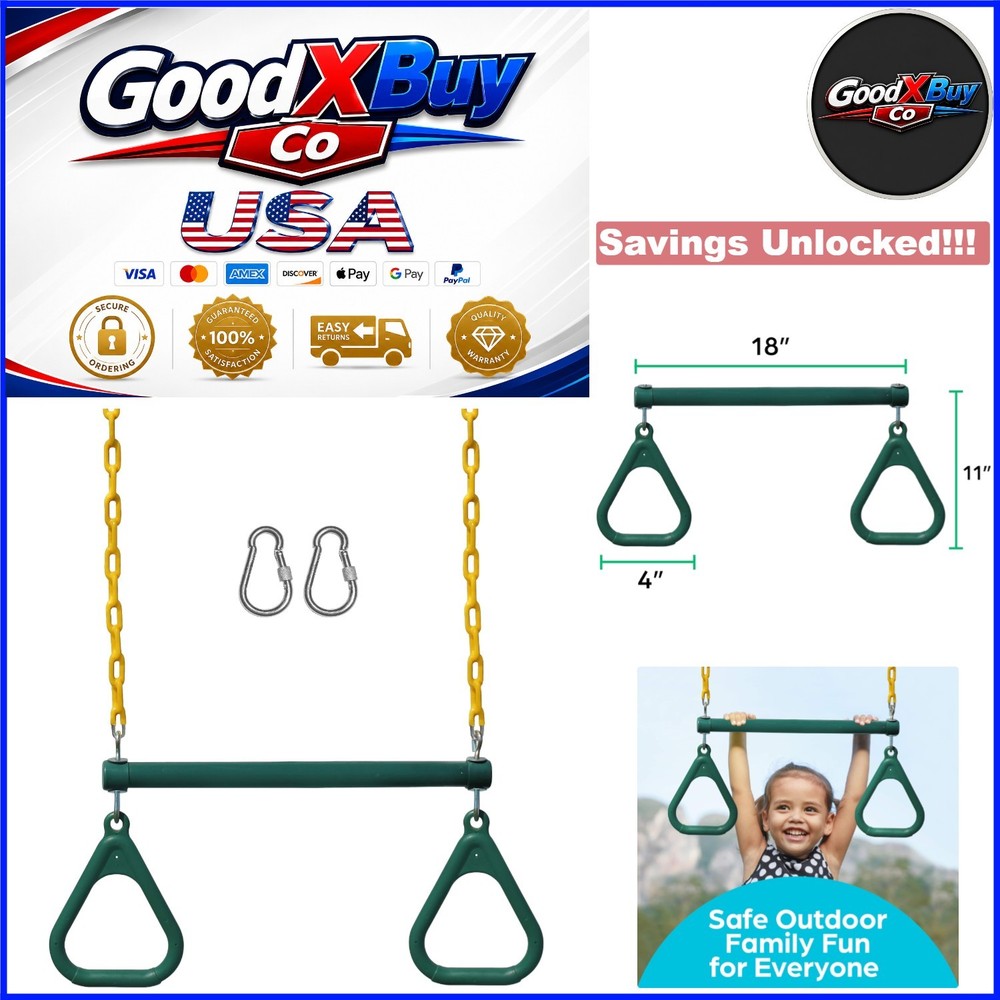 Jungle Gym Kingdom Swing Set Accessories Green with 18″ Trapeze Bar and 48″ C…