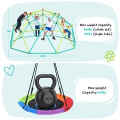 10FT Climbing Dome with Swing Kids Jungle Gym Monkey Bar Climbing Outdoor Toys