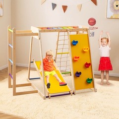 6-in-1 Jungle Gym w/Slide Rock Climbing Basketball Hoop Monkey Bar Rope Net