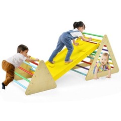 3-in-1 Kid Climbing Ladder Set 2-Triangle Climber W/ Ramp Sliding Wooden Playset