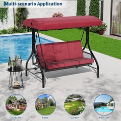 Red 3-Seat Patio Swing, 180° Reclining Bed, Adjustable Canopy, 800lb Steel