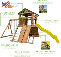Endeavor Cedar Wood Swing Set with Wave Slide Play Deck Double Rock Wall Rope La