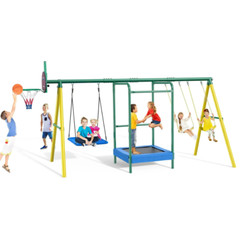 Kids Outdoor Playground Heavy-Duty Swing Play Set W/ Trampoline Basketball Hoop