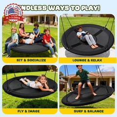 60 Inch Heavy-Duty Saucer Swing Seat Waterproof 900D Oxford Black 2 Hanging Stra
