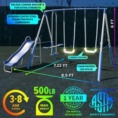 Sportspower 500LBS Metal Swing Set with LED Seats, Slide & Glider for Kids