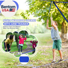 Ninja Warrior Obstacle Course for Kids Backyard-65Ft Slackline Kit with 13 Obsta