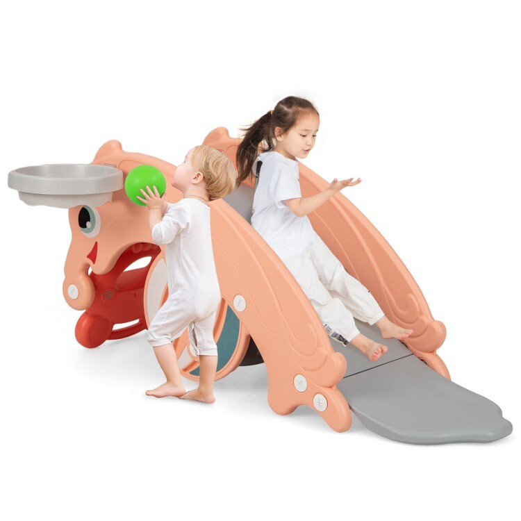 3 x 1 Kids Slide Rocking Horse Set Convertible Toddler Slide w/ Basketball Hoop