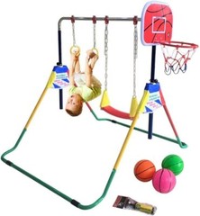 4-in-1 Kids Jungle Gym: Monkey Bar, Swing Set, Trapeze Rings, Basketball Net
