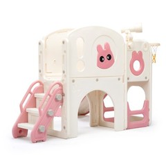 6 in 1 Toddler Slide Playset Climber Playground for Kids w/ Basketball Hoop Pink