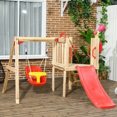 Wooden Toddler Playground with Baby Swing Set, Ages 1.5-4, Red