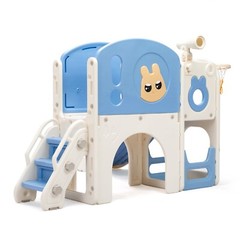 6 in 1 Toddler Slide Playset Climber Playground for Kids w/ Basketball Hoop Blue