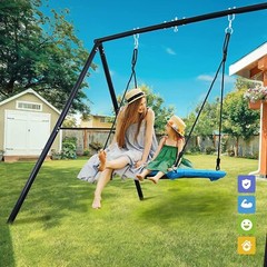 440lb Metal Swing Set Outdoor for Kids Adult Play with 40″ Saucer Swing Backyard