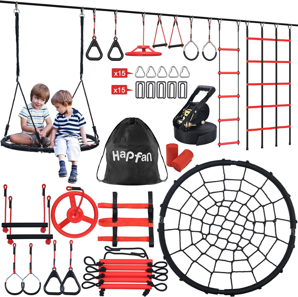 50 Ft Ninja Warrior Obstacle Course for Kids with Tree Swing, Portable Slackline