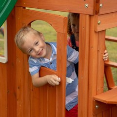 Wooden Swing Set Outdoor Backyard Cedar Fort Clubhouse Slide Trapeze Playground
