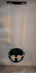 Green Full Bucket Toddler Swing Seat with Yellow Coated Chains.
