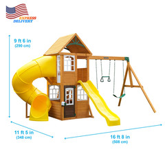 Castlewood Wooden Swing Set Playset with Clubhouse Mailbox Slide & Play Kitchen