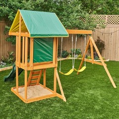 Durable Appleton Wooden Swing Set with Slide, Rock Wall & Chalkboard for Kids