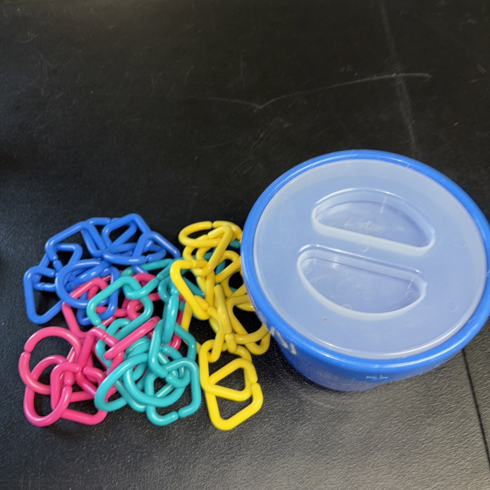Vintage 1993 Kids II Linking Toys with Bucket and Lid 46 Linking Shapes