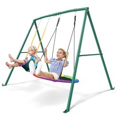 440lb Metal Swing Set Kids Adult Backyard Playset with 2 Swings Heavy Duty Frame