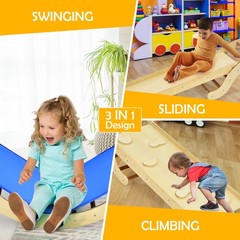 Costway 3-in-1 Kids Climber Set Wooden Arch Triangle Rocker w/ Ramp & Blue Mat